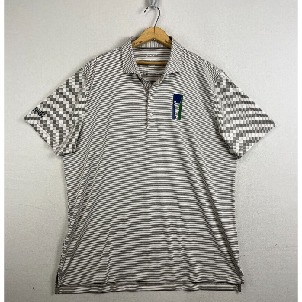JOHNNIE-O Lyndon Short Sleeve Polo Shirt Mens XL Corporate Logo Golf Gray Stripe